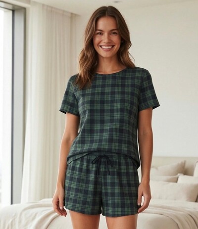 Foto Pijama Curto T-Shirt Xadrez Forest