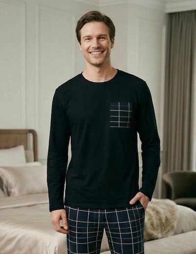 Foto Pijama Manga Longa Masculino Xadrez Marinho listra Off