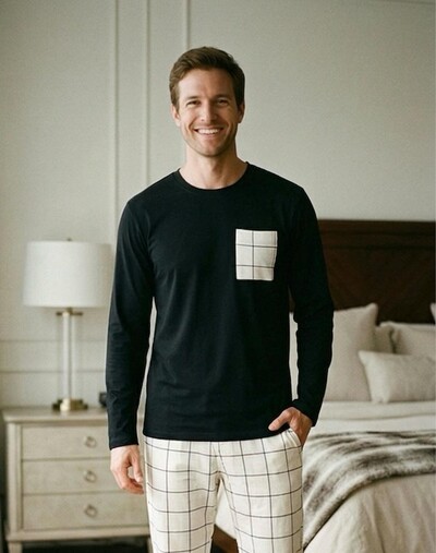 Foto Pijama Manga Longa Masculino Xadrez Bege