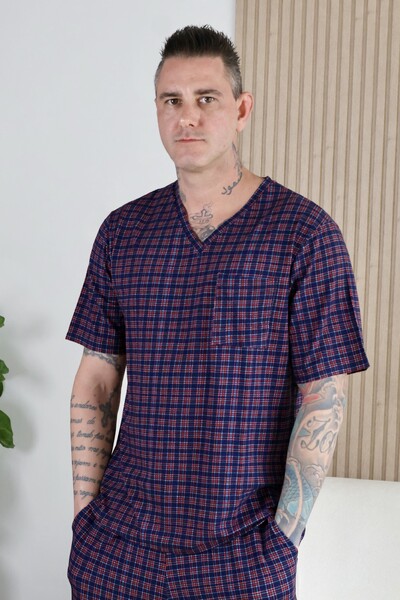 Foto Pijama Verao Masculino Xadrez Azul e Vermelho