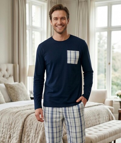 Foto Pijama Manga Longa Xadrez Blue Line