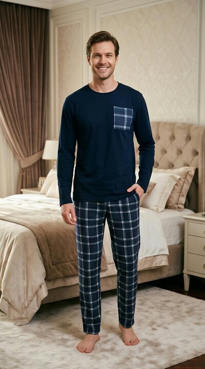 FotoPijama Manga Longa Masculino Xadrez Classic Blue