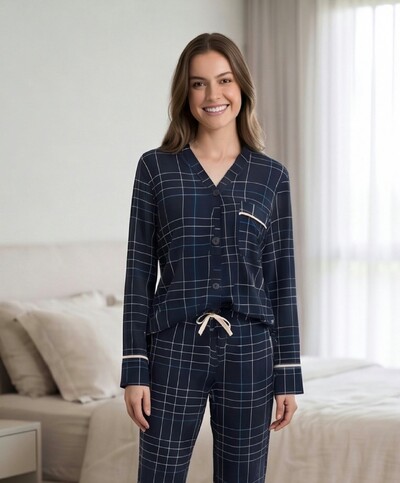 Foto Pijama Americano Longo Xadrez Listra Azul
