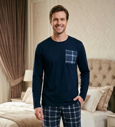 Foto Pijama Manga Longa Masculino Xadrez Classic Blue