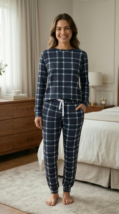 FotoPijama Manga Longa Xadrez Classic Blue