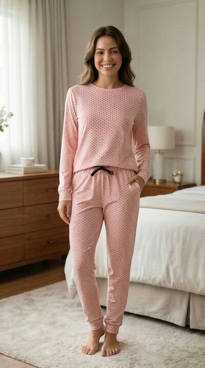 Foto Pijama Manga Longa Jogging Poá Rosa