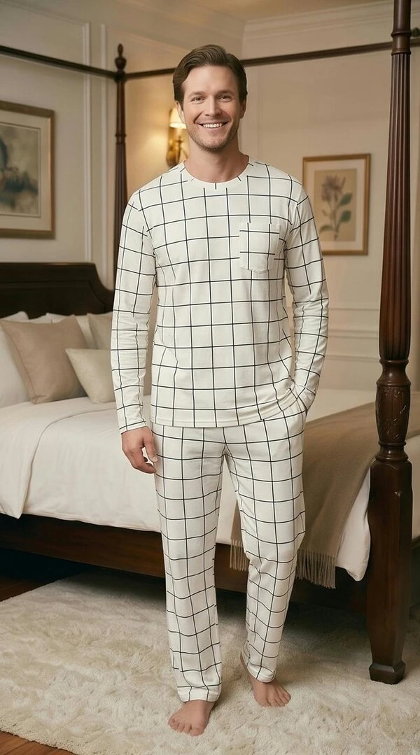 Pijama Manga Longa Xadrez Bege