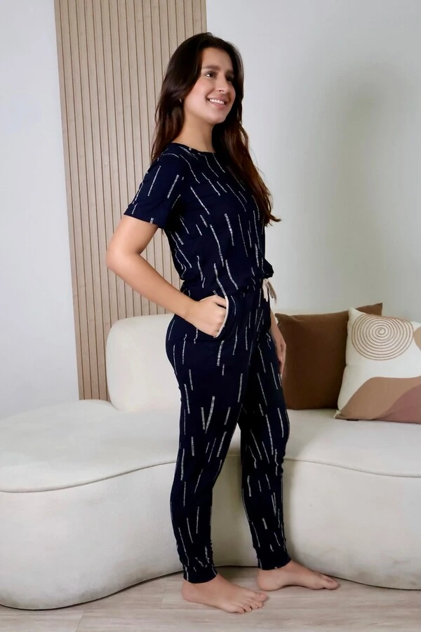 Pijama Meia Estação Jogging Manga Curta Chuvisco Azul Marinho