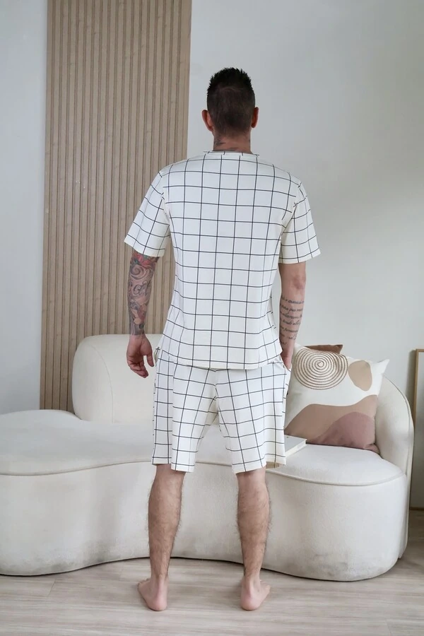 Pijama Verão Masculino Xadrez Bege