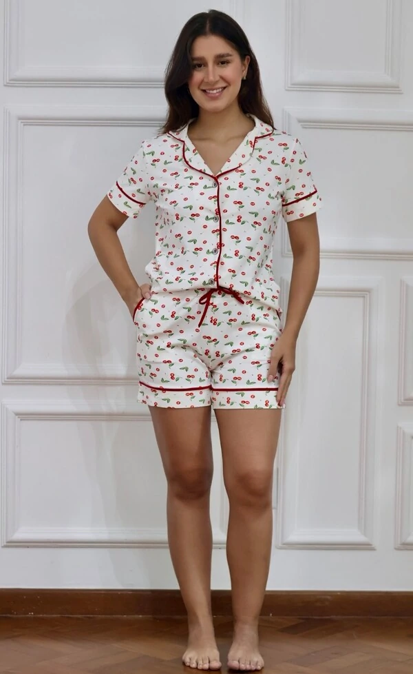 Pijama Americano curto Cereja Branco