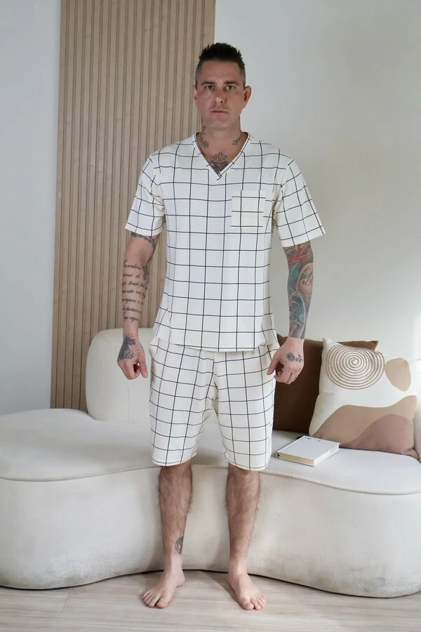Pijama Verão Masculino Xadrez Bege