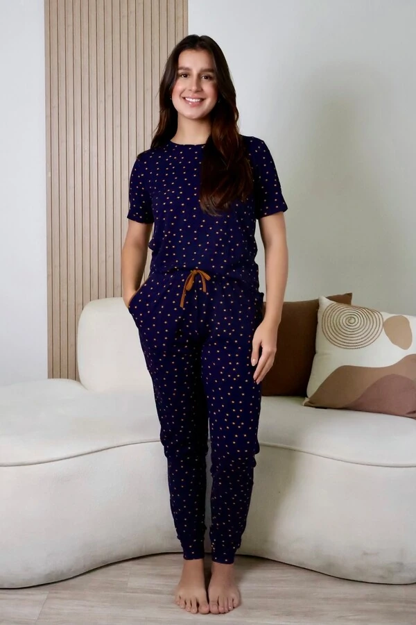 Pijama Meia Estação Jogging Manga Curta Estrelas Amarelas