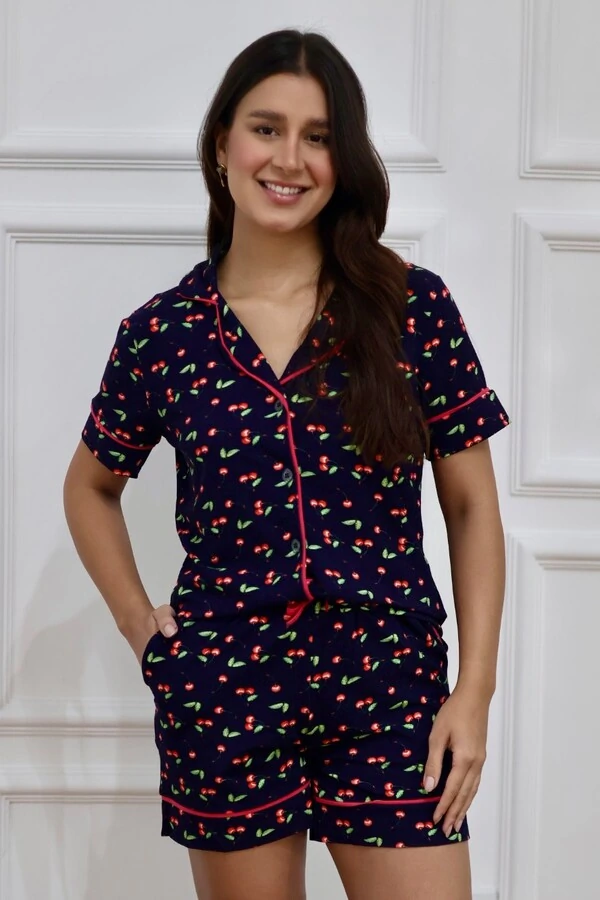 Pijama Amerciano Curto Cereja Azul