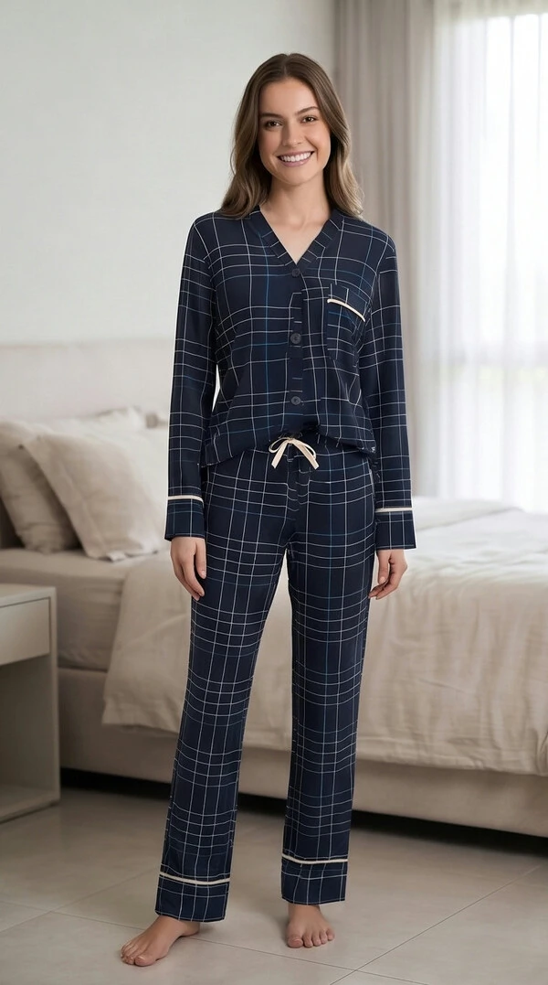 Pijama Americano Longo Xadrez Listra Azul