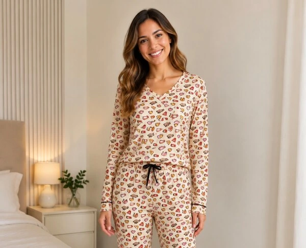 Pijama manga longa decote V Cartoon Cats