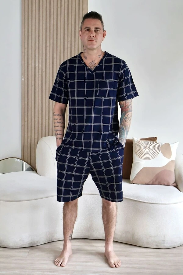 Pijama Verão Masculino Xadrez azul