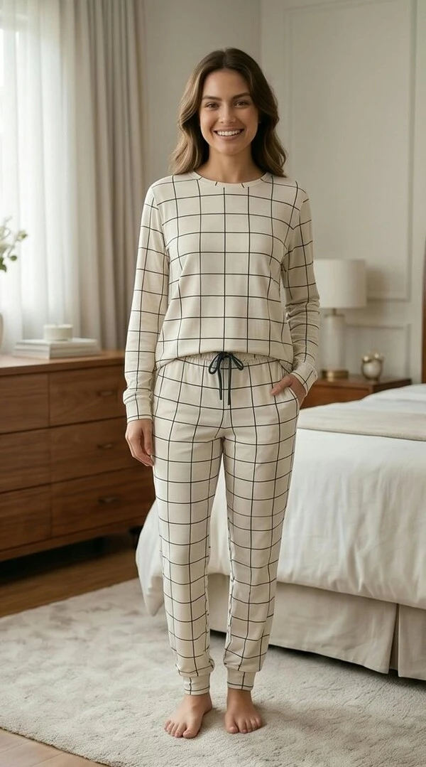 Pijama Manga Longa Jogging Xadrez Bege