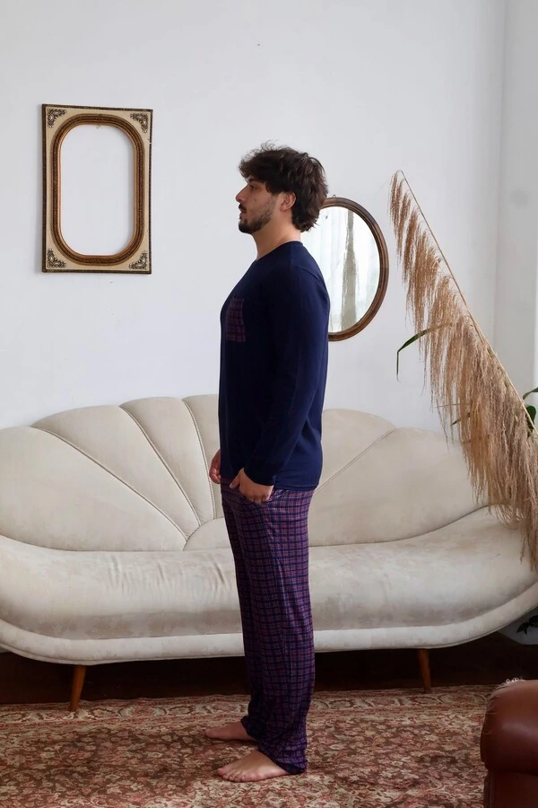 Pijama Masculino Manga Longa Xadrez Azul e Vermelho