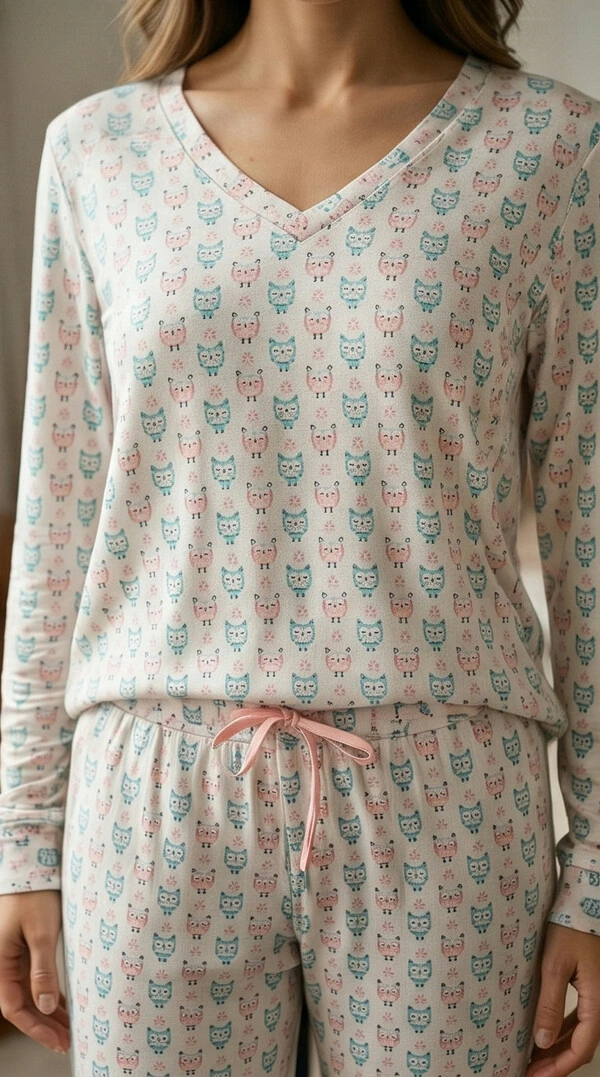 Pijama manga longa decote V corujinhas