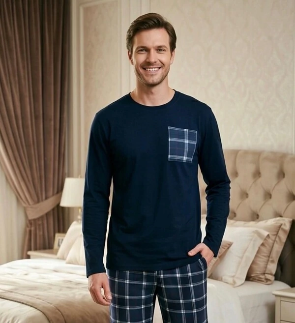 Pijama Manga Longa Masculino Xadrez Classic Blue