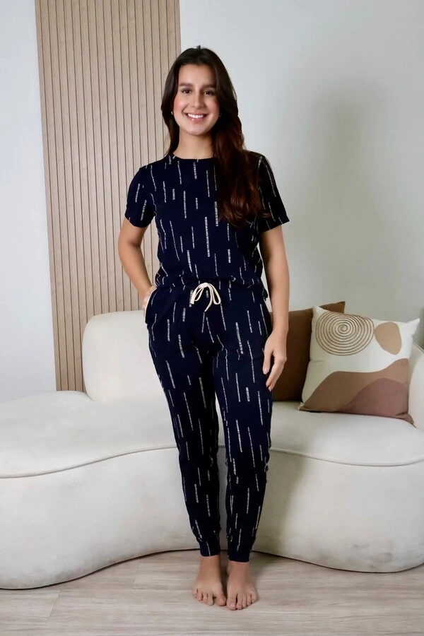 Pijama Meia Estação Jogging Manga Curta Chuvisco Azul Marinho