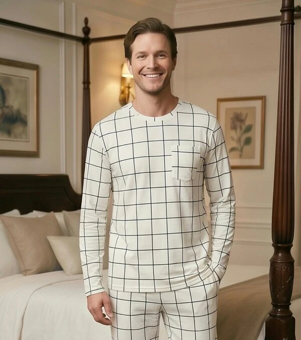 Pijama Manga Longa Xadrez Bege