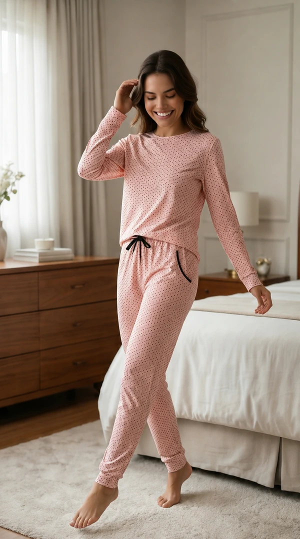 Pijama Manga Longa Jogging Poá Rosa