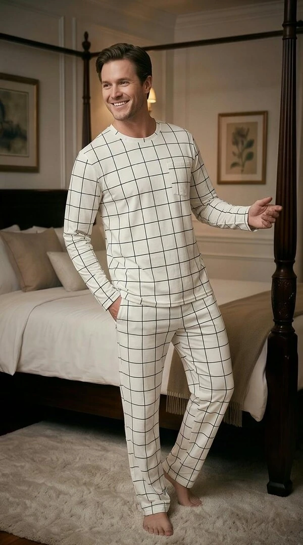Pijama Manga Longa Xadrez Bege