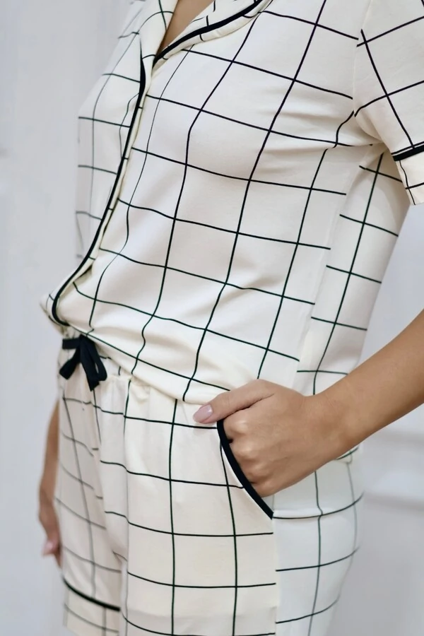 Pijama Americano Curto Xadrez Bege