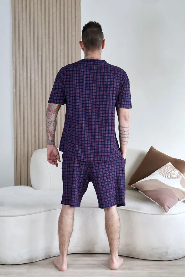 Pijama Verao Masculino Xadrez Azul e Vermelho