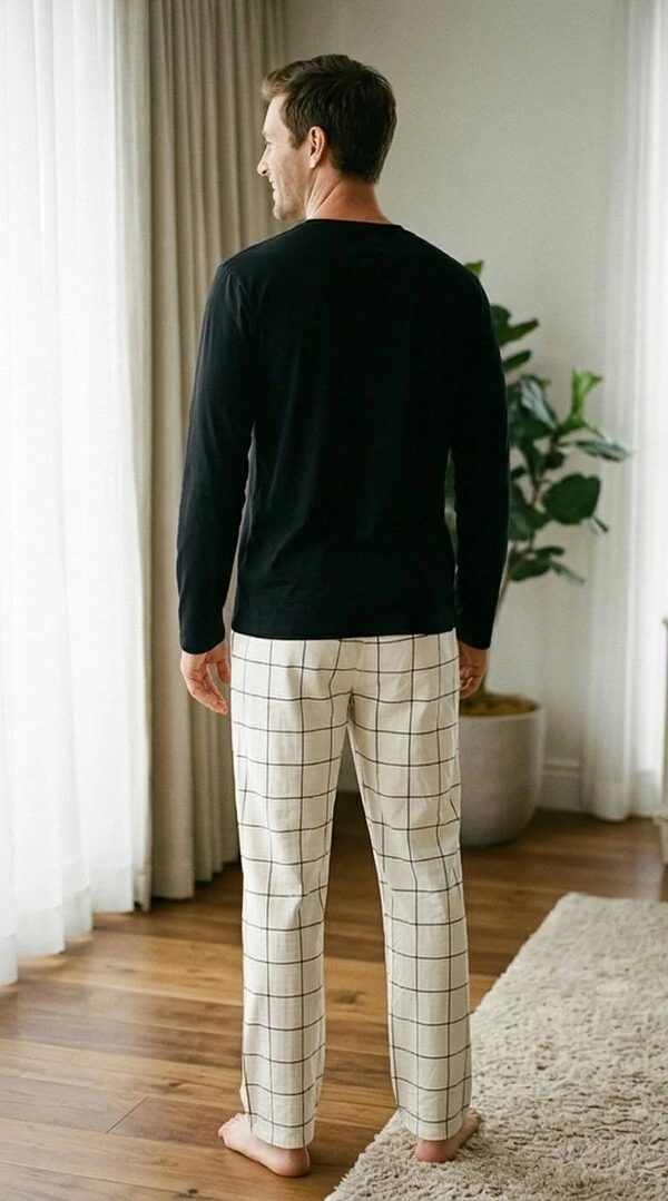 Pijama Manga Longa Masculino Xadrez Bege