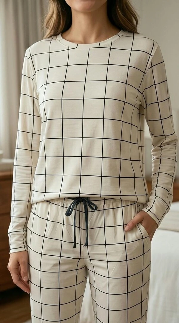 Pijama Manga Longa Jogging Xadrez Bege