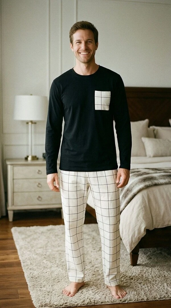 Pijama Manga Longa Masculino Xadrez Bege